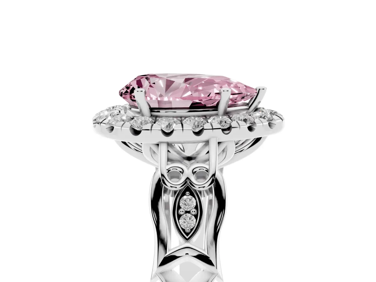 Fancy Pink Pear Cut Halo Diamond Engagement Ring with Filigree Band and Four-Prong Setting Platinum
