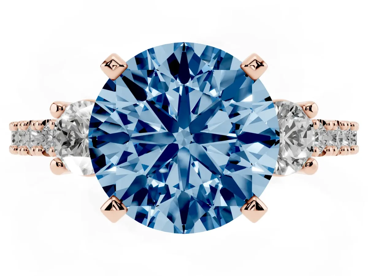 Fancy Blue Round Cut Three-Stone Diamond Pavé Band with Prong Setting Rose gold