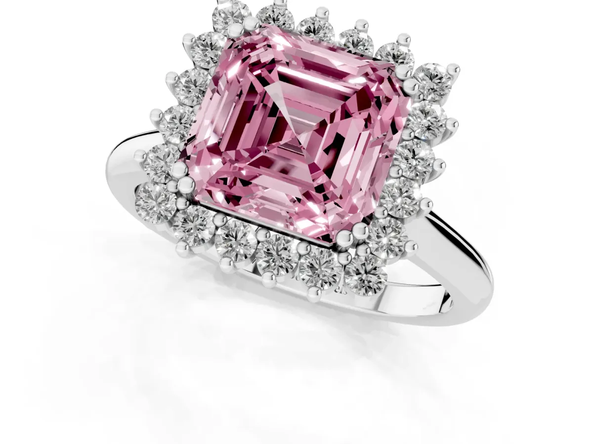 Fancy Pink Asscher Cut Cut Diamond Halo Ring with Solitaire Band and Prong Setting Platinum