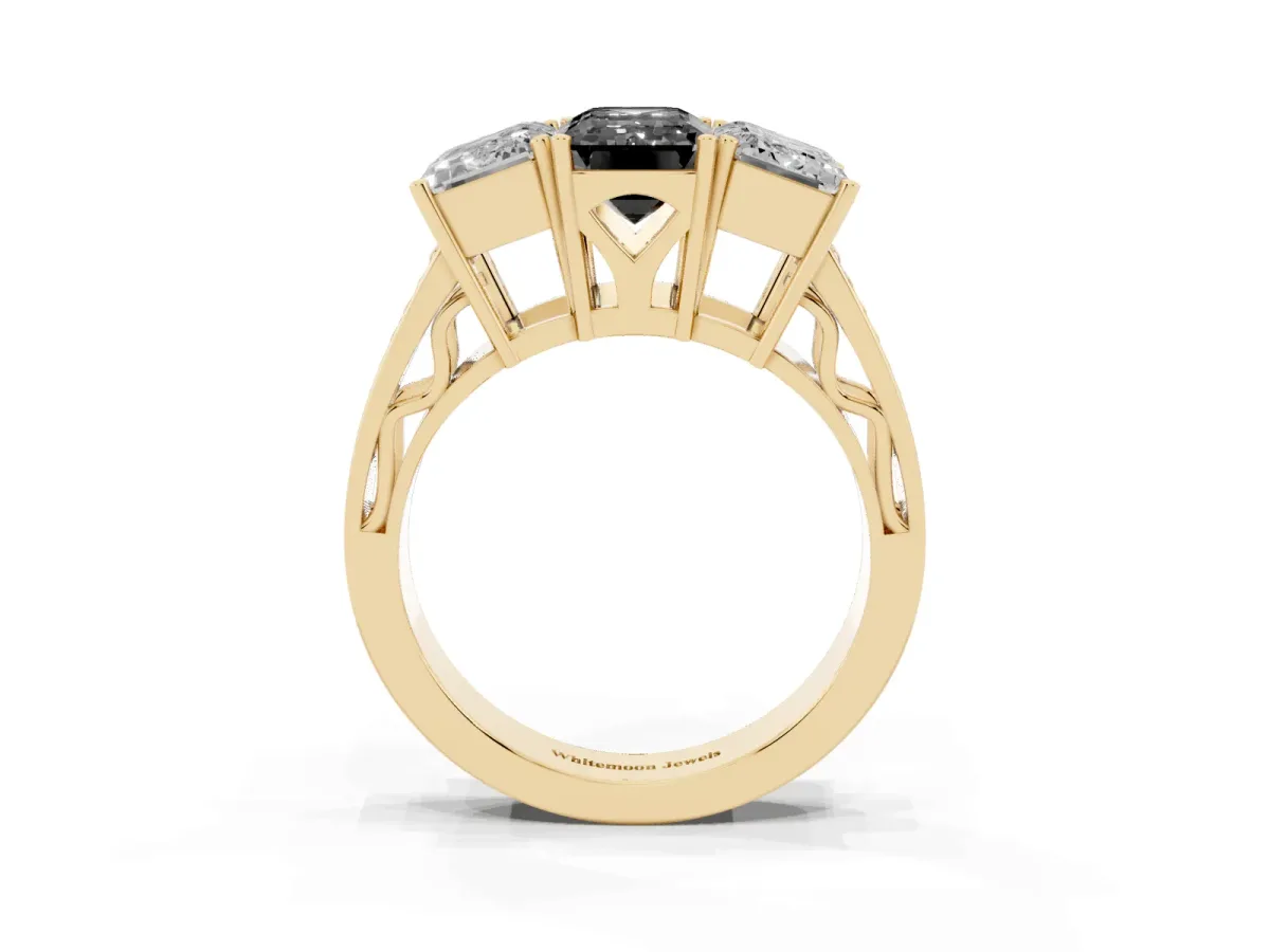 Fancy Black Emerald Cut Diamond Three-Stone Ring with Prong Setting and Textured Band Yellow gold