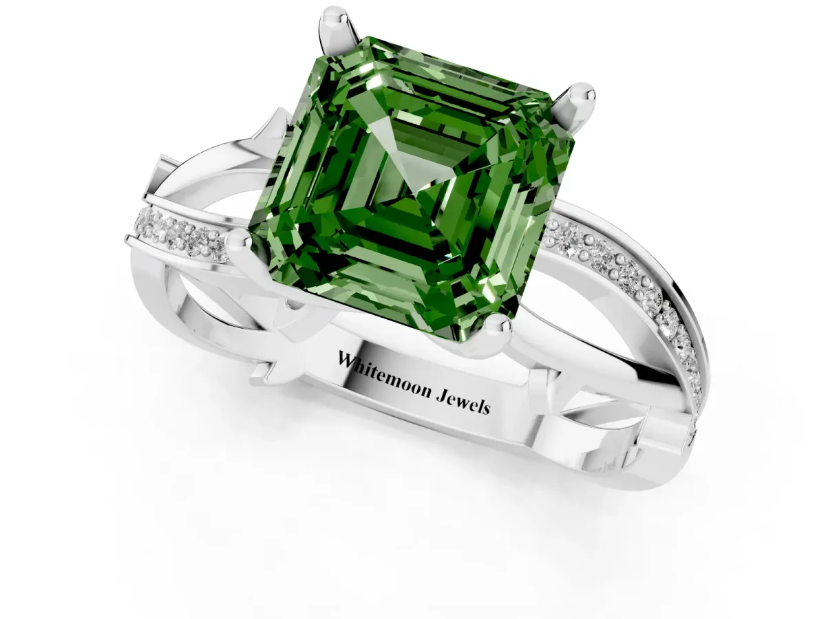 Fancy Green Asscher Cut Solitaire Twist Band with Pavé Accents and Four-Prong Setting Platinum