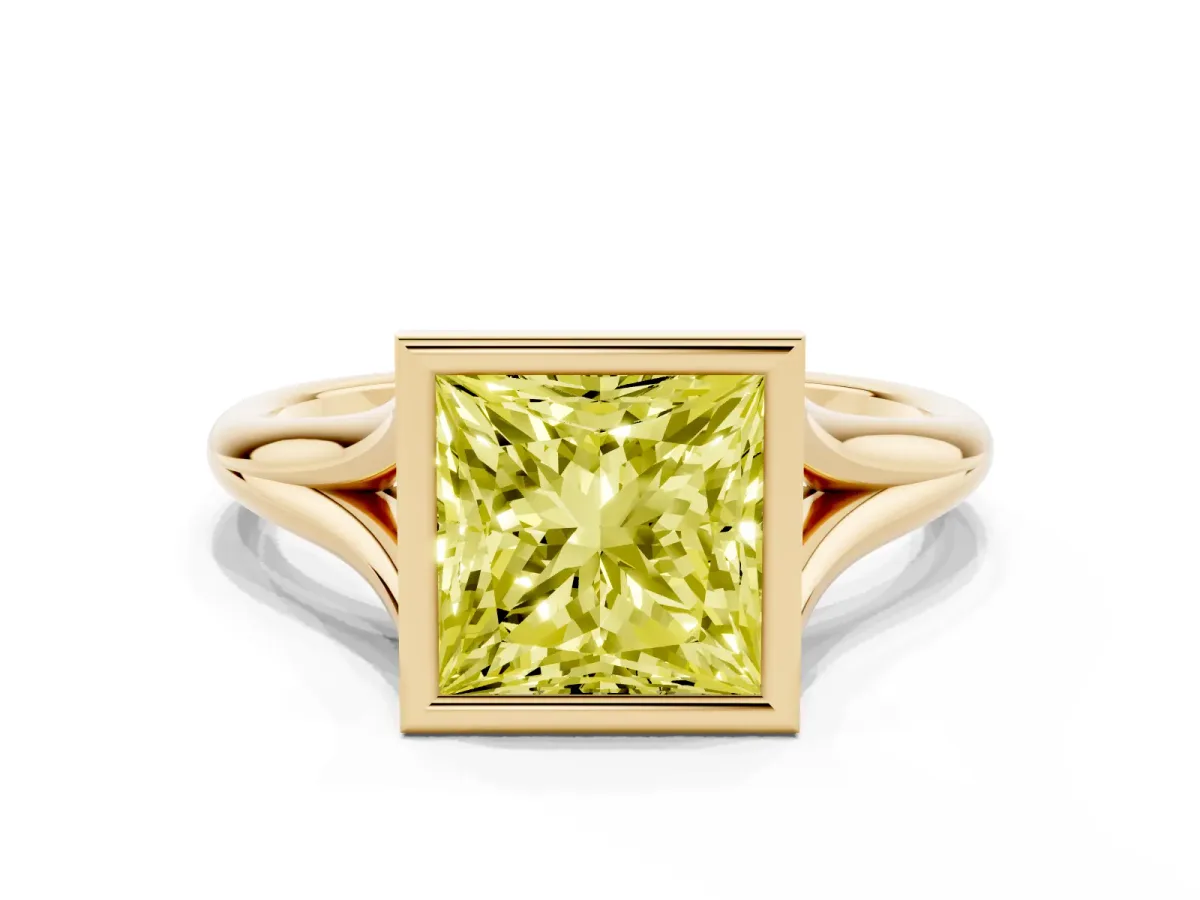 Fancy Yellow Bezel Set Princess Cut Cut Solitaire Ring with Tapered Band Yellow gold