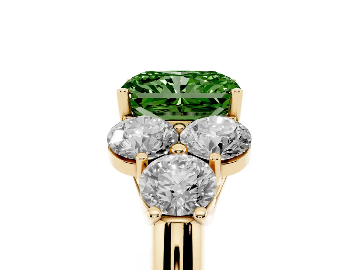 Fancy Green Radiant Cut Cut Diamond Cluster Ring with Round Accent Stones and Prong Setting on a Classic Band Yellow gold