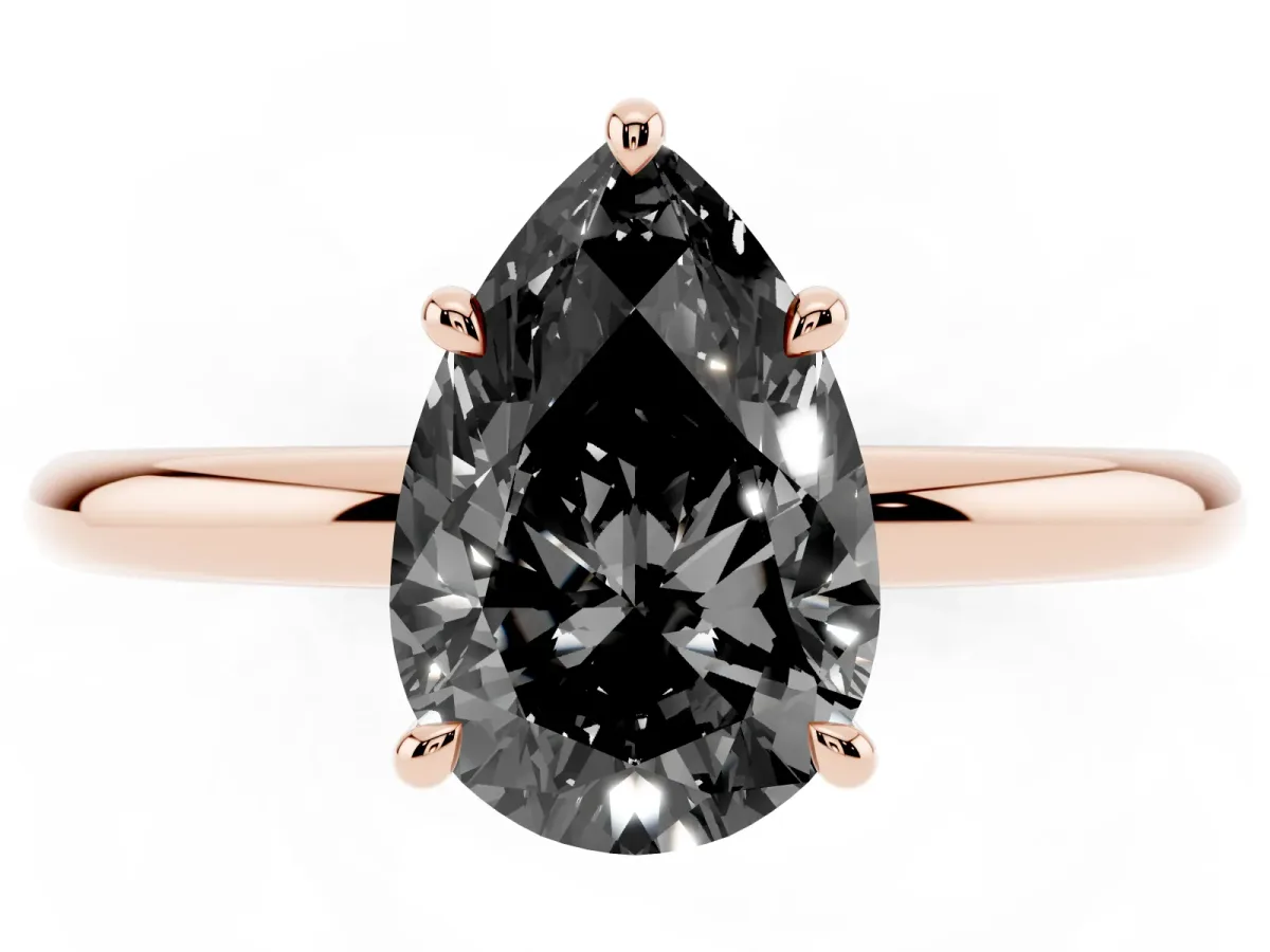 Fancy Black Pear Cut Diamond Solitaire Ring with Thin Band and Four-Prong Setting Rose gold