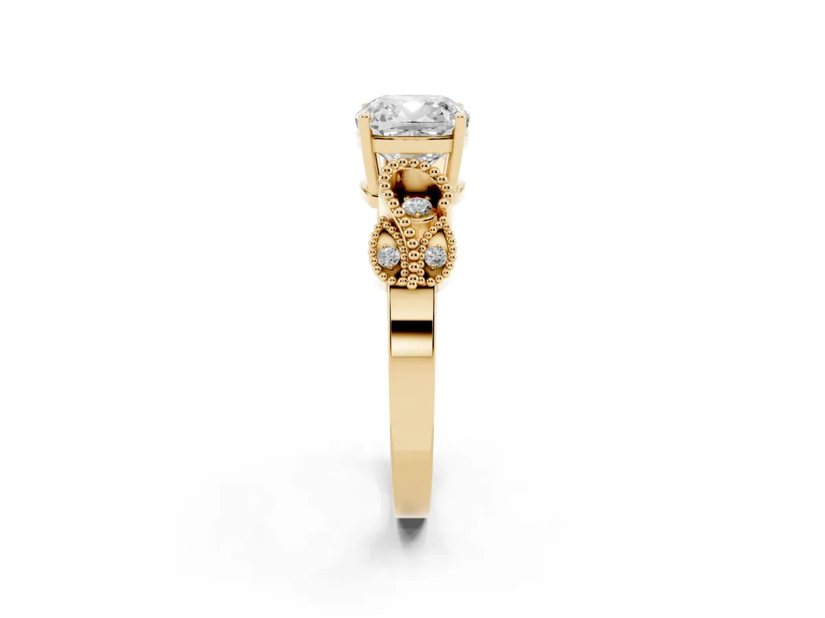 Cushion Cut Solitaire Milgrain Leaf Band with Prong Setting Yellow gold