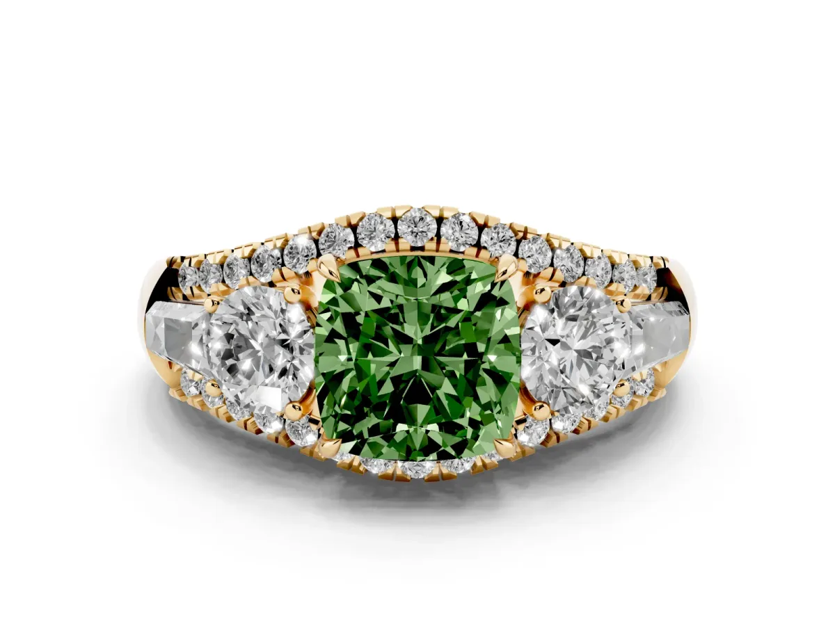 Fancy Green Three-Stone Cushion Cut Diamond Engagement Ring with Pave Band and Prong Setting Yellow gold