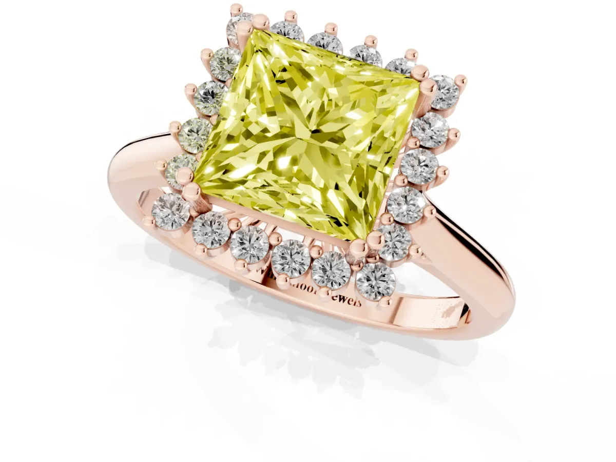 Fancy Yellow Princess Cut Cut Diamond Halo Ring with Solitaire Band and Prong Setting Rose gold