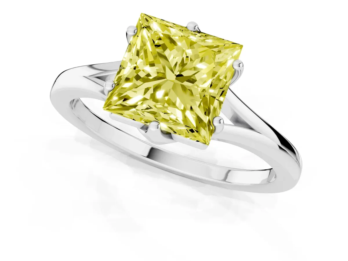 Fancy Yellow Princess Cut Solitaire Diamond Ring with Six-Prong Setting and Tapered Band White gold