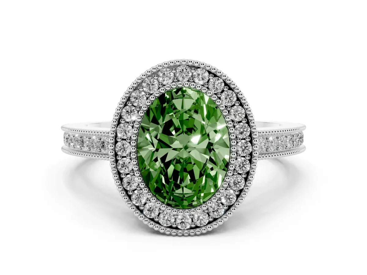 Fancy Green Oval Cut Cut Halo Diamond Ring with Pavé Band and Milgrain Prong Setting Silver