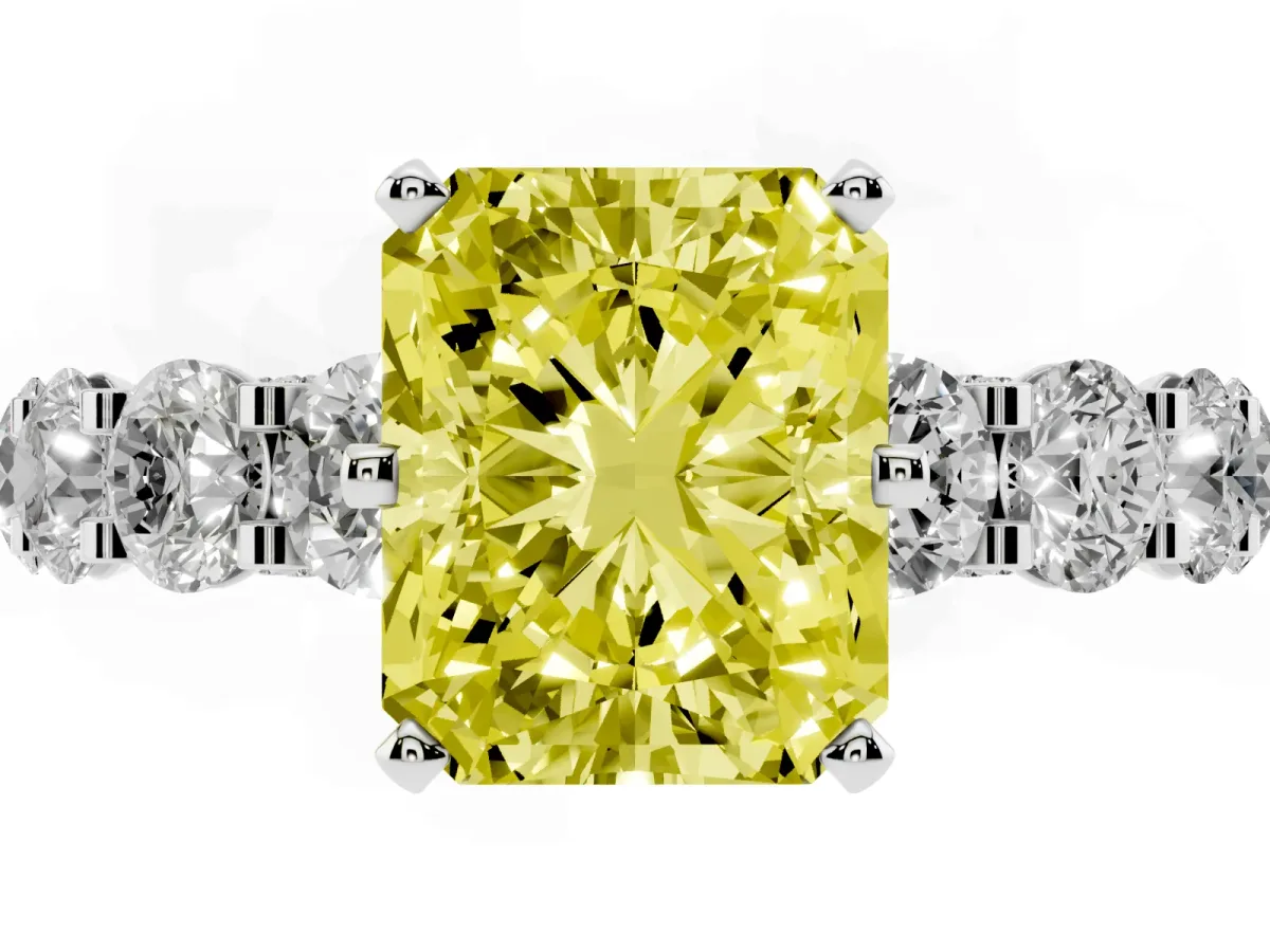 Fancy Yellow Radiant Cut Diamond Side Stone Engagement Ring with Four-Prong Setting Silver