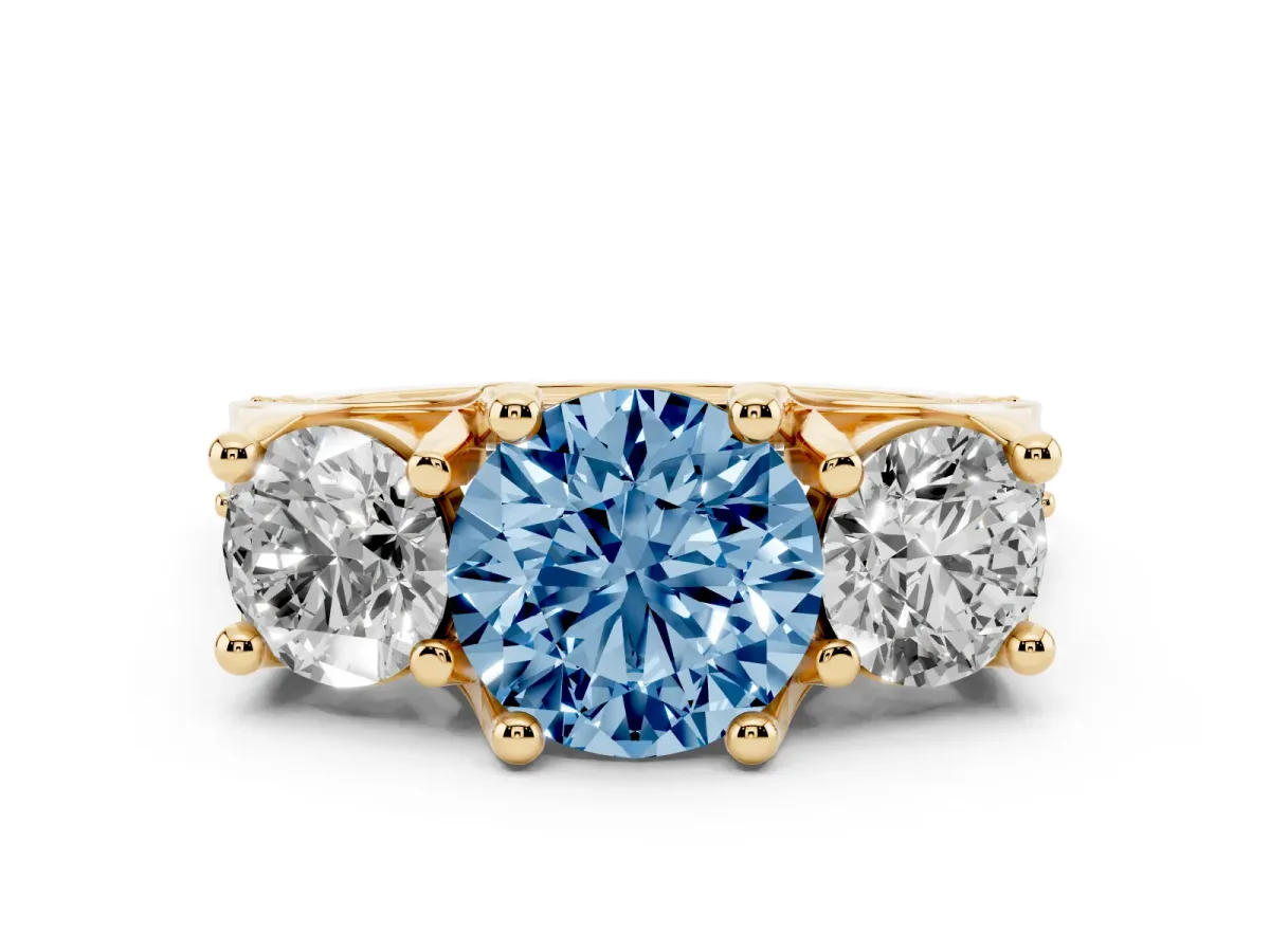Fancy Blue Round Cut Diamond Three-Stone Ring with Channel Set Band and Four-Prong Setting Yellow gold