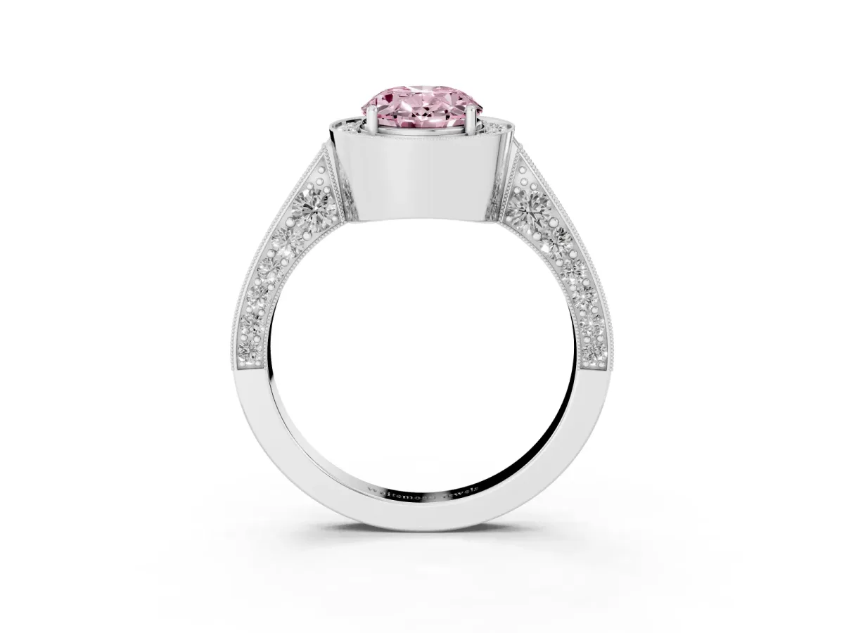 Fancy Pink Oval Cut Halo Diamond Engagement Ring with Split Shank Band and Four-Prong Setting Silver