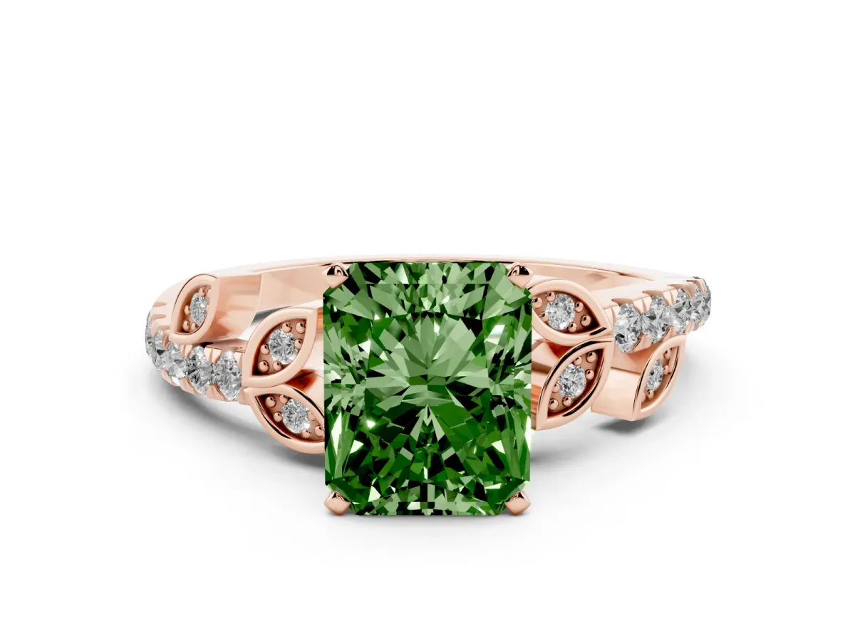 Fancy Green Radiant Cut Solitaire Leaf-Inspired Diamond Ring with Pavé Band and Four-Prong Setting Rose gold