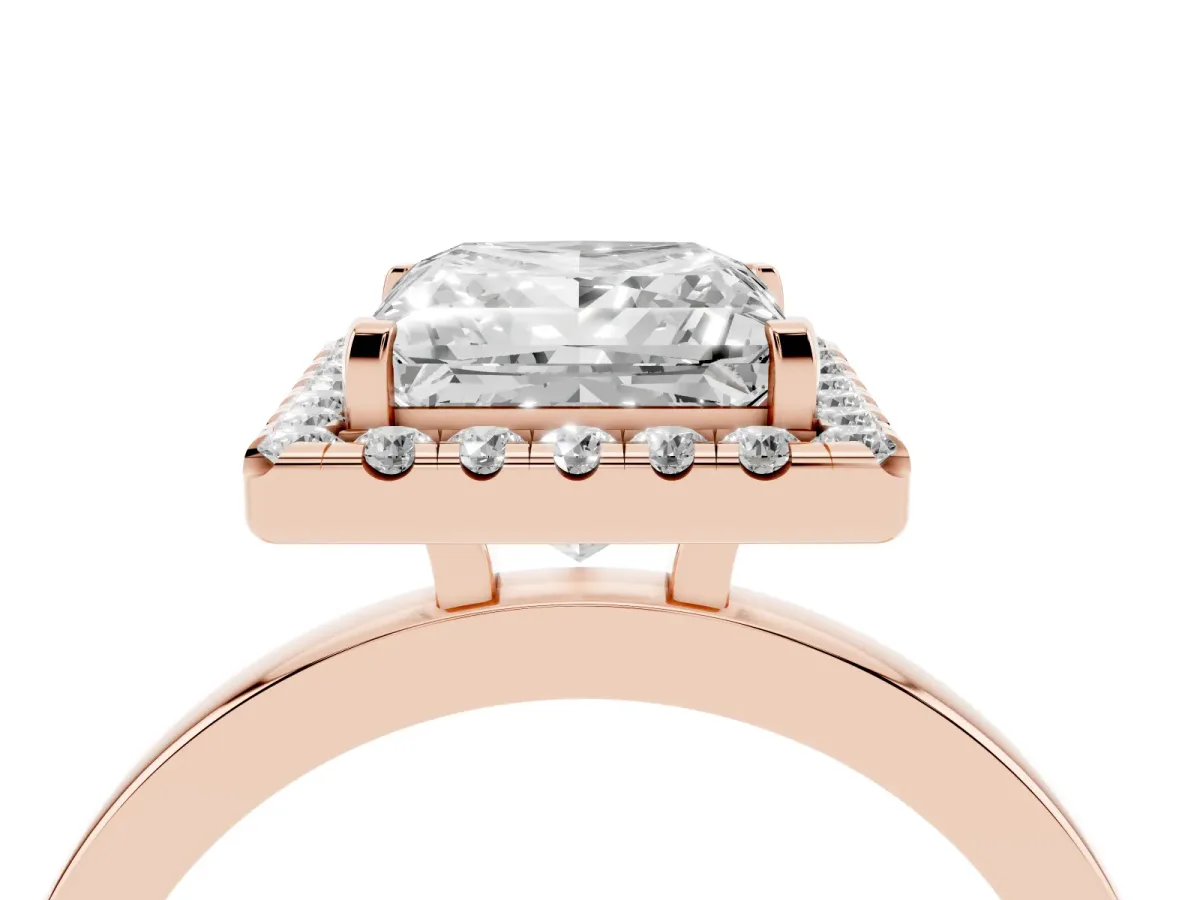 Princess Cut Halo Diamond Solitaire with Pavé Band and Four-Prong Setting Rose gold