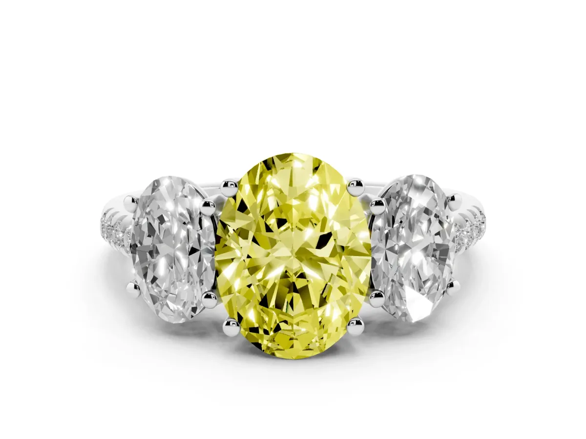 Fancy Yellow Three-Stone Oval Cut Diamond Ring with Round Pavé Band and Prong Setting Silver