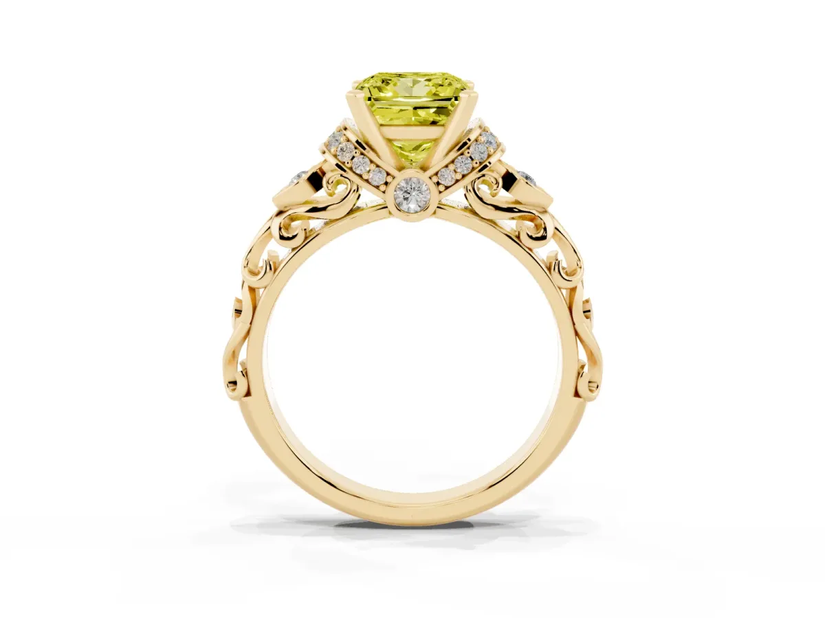 Fancy Yellow Princess Cut Diamond Solitaire Ring with Filigree Band and Four-Prong Setting Yellow gold