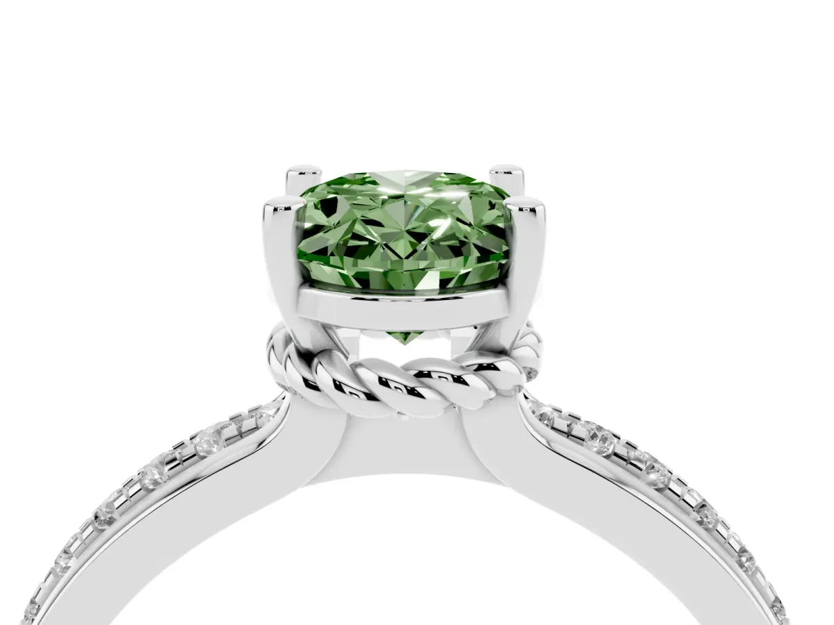 Fancy Green Oval Cut Solitaire Diamond Ring with Channel Set Band and Six-Prong Setting Silver