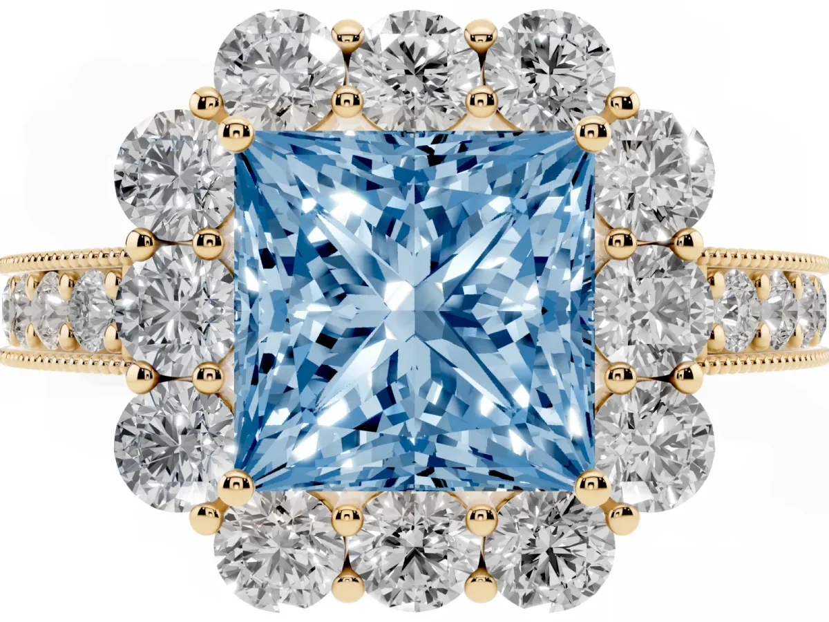 Fancy Blue Princess Cut Cut Halo Diamond Pavé Engagement Ring with Milgrain Detailing Yellow gold