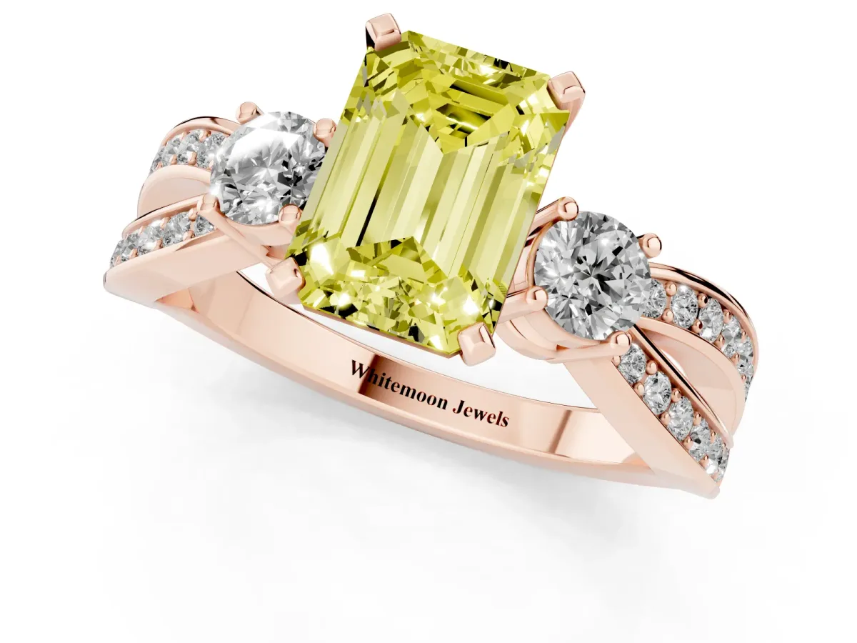 Fancy Yellow Three-Stone Emerald Cut Cut Diamond Twist Band with Prong Setting Rose gold