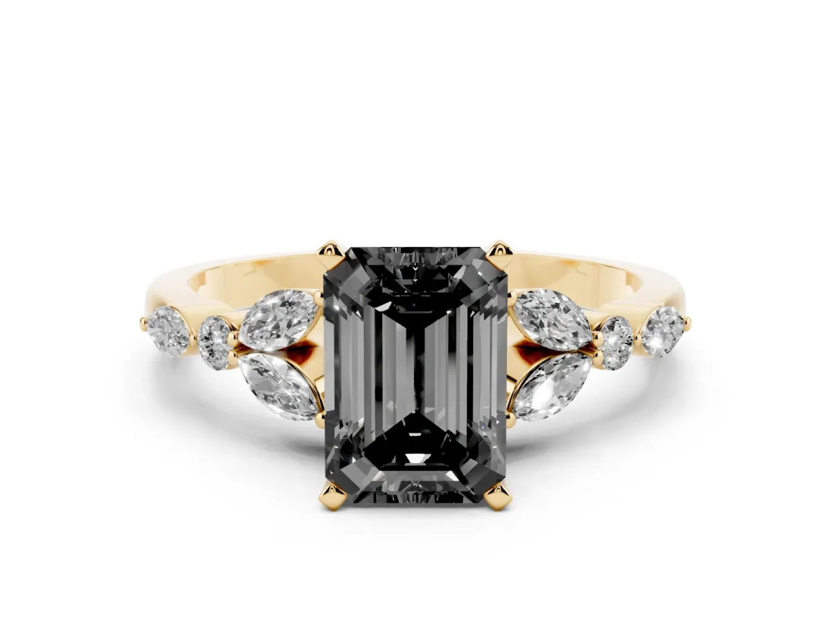Fancy Black Emerald Cut Diamond Solitaire Ring with Side Stones and Four-Prong Setting Yellow gold