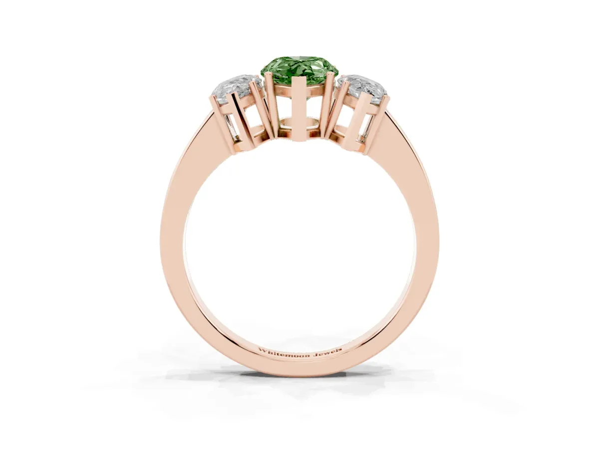 Fancy Green Three-Stone Pear Cut Cut Diamond Engagement Ring with Flat Band and Four-Prong Setting Rose gold