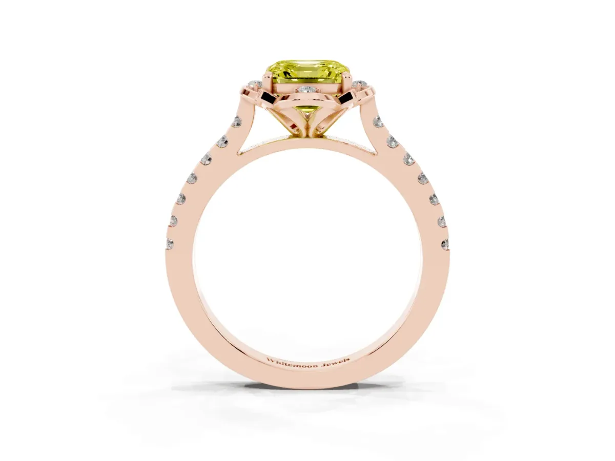 Fancy Yellow Asscher Cut Diamond Ring with Pavé Band and Floral Prong Setting Rose gold