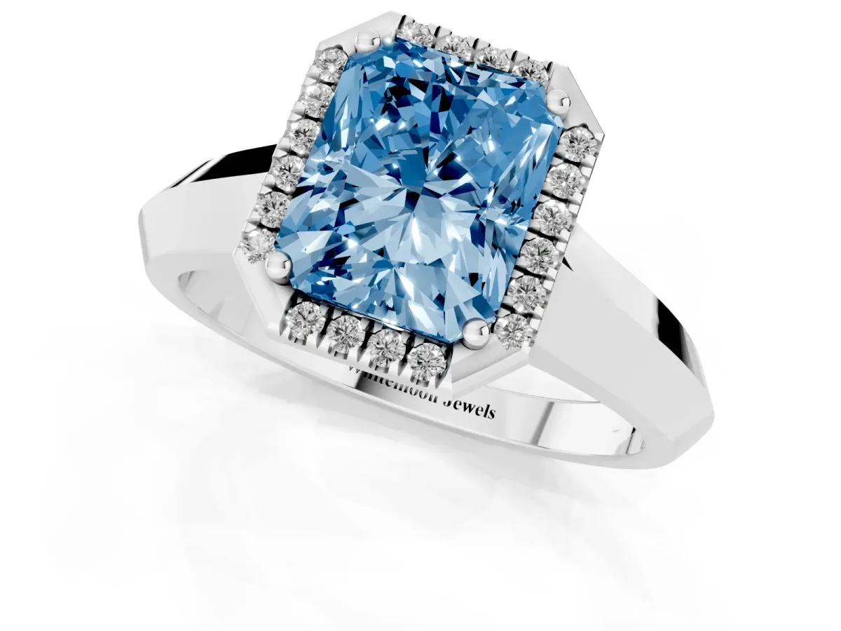 Fancy Blue Radiant Cut Halo Diamond Ring with Cathedral Band and Four-Prong Setting White gold