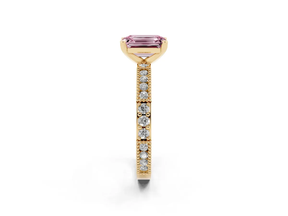 Fancy Pink Emerald Cut Solitaire with Pavé Band and Four-Prong Setting Yellow gold