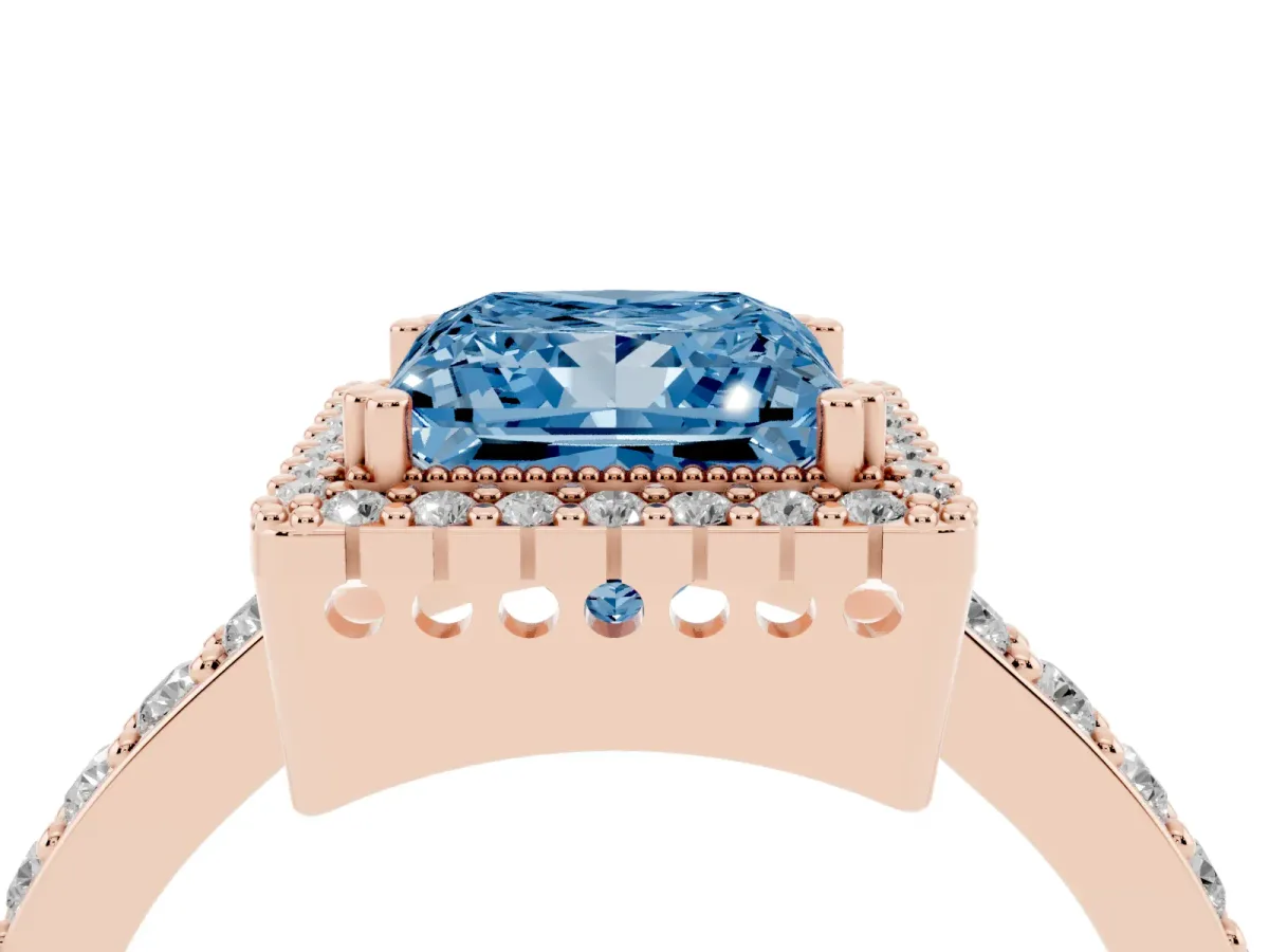 Fancy Blue Princess Cut Cut Diamond Halo Engagement Ring with Milgrain Detail and Pavé Band Rose gold