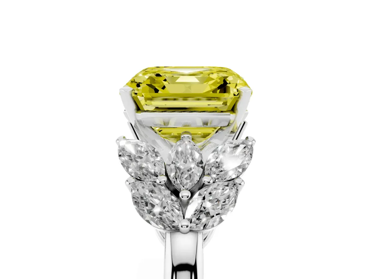 Fancy Yellow Asscher Cut Diamond Cluster Leaf Design Ring with Prong Setting Silver