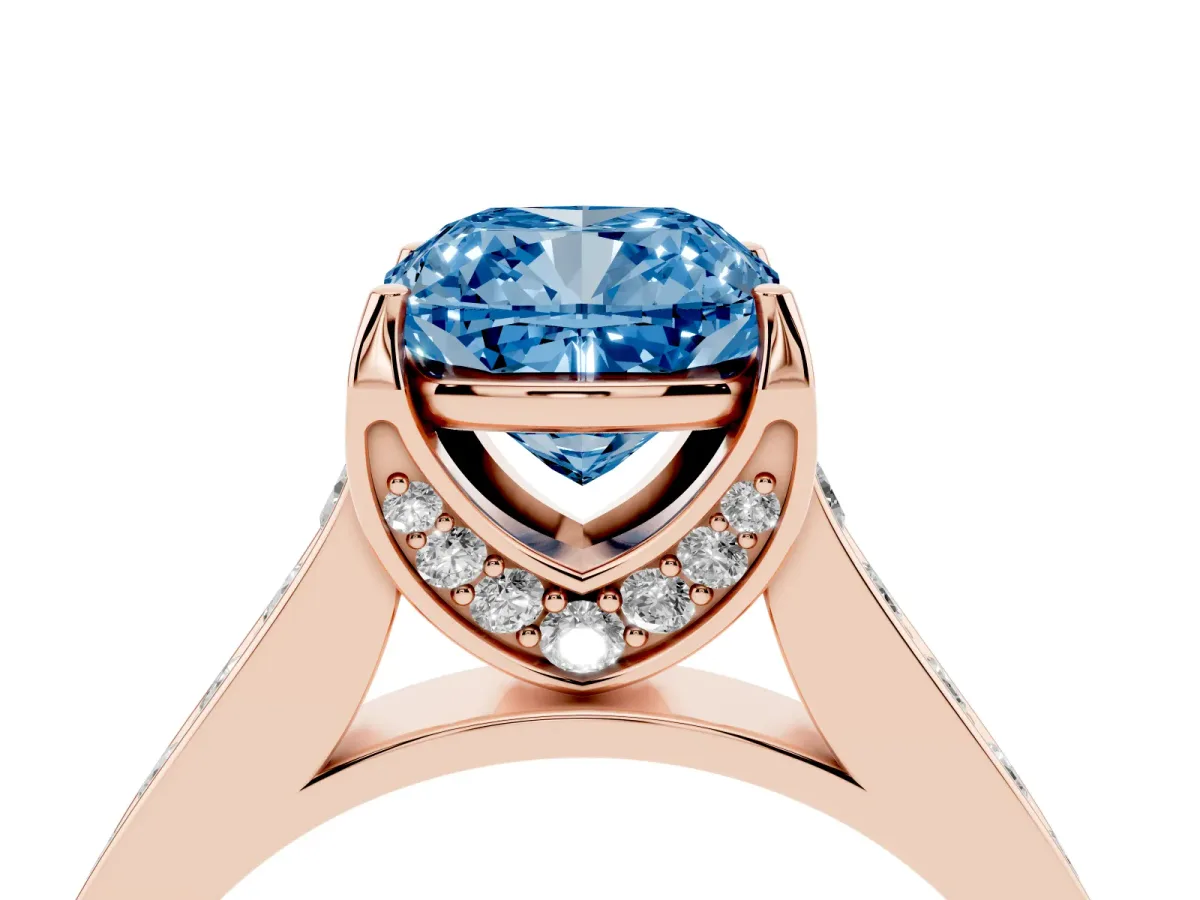 Fancy Blue Cushion Cut Brilliant Cut Diamond Engagement Ring with Pavé Band and Four-Prong Setting Rose gold