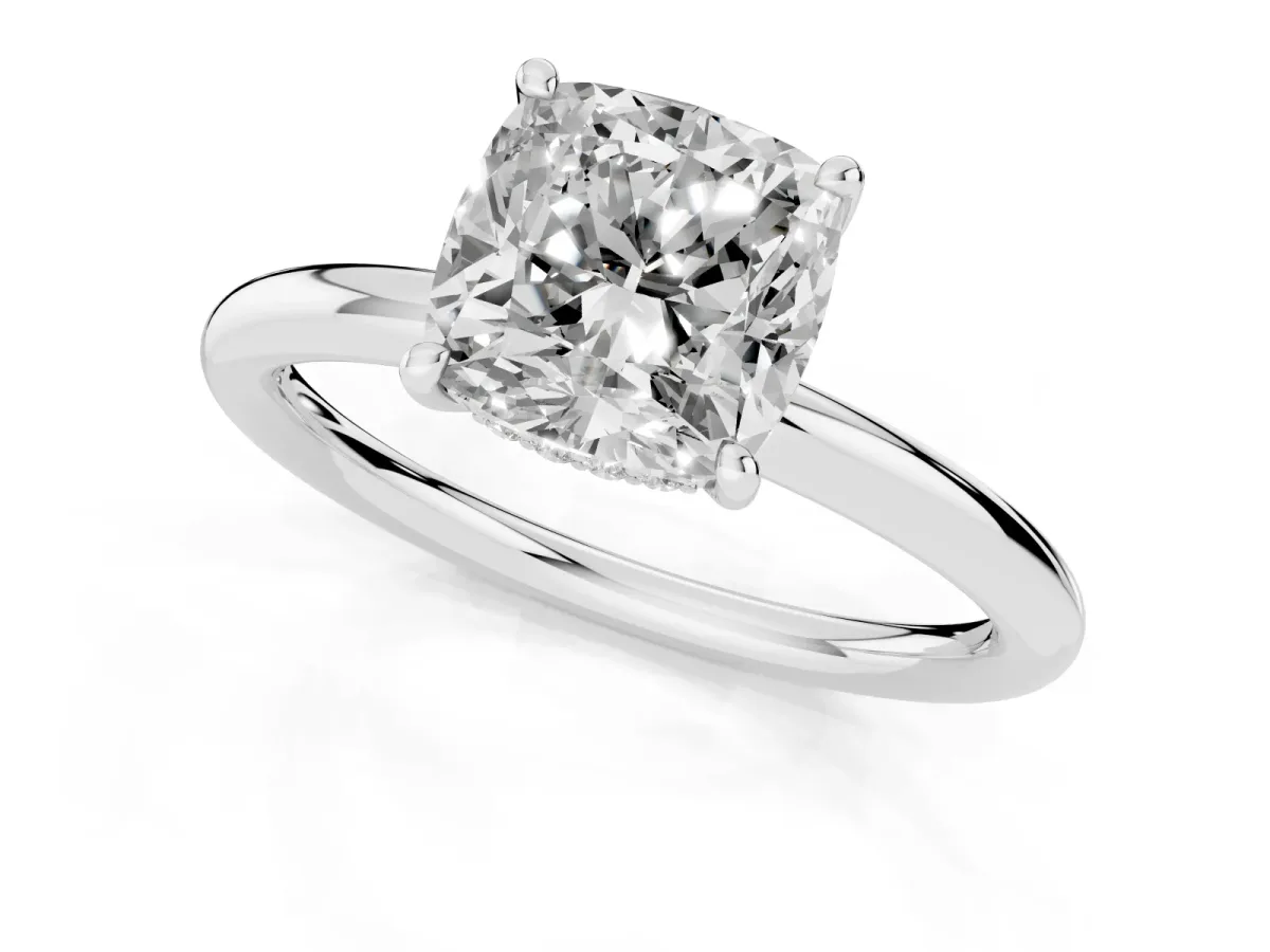 Cushion Cut Diamond Solitaire Ring with Thin Band and Four-Prong Setting Silver