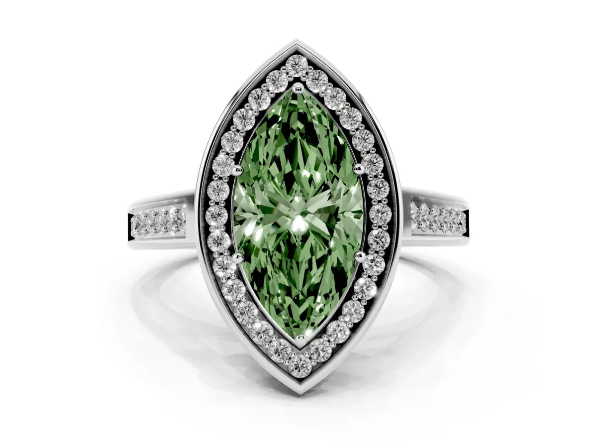 Fancy Green Marquise Cut Halo Solitaire Diamond Ring with Pave Band and Bezel Setting Silver