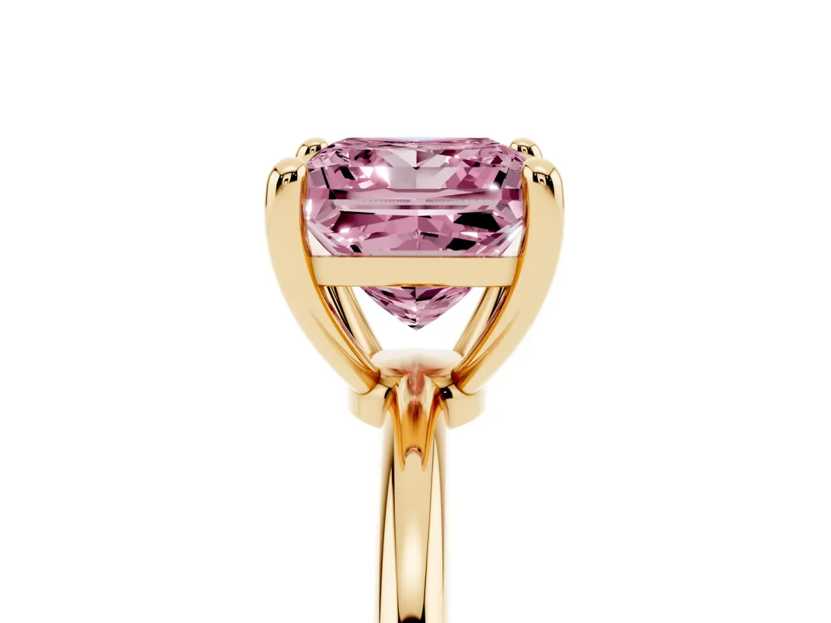 Fancy Pink Princess Cut Solitaire Diamond Ring with 4-Prong Setting on a Classic Band Yellow gold