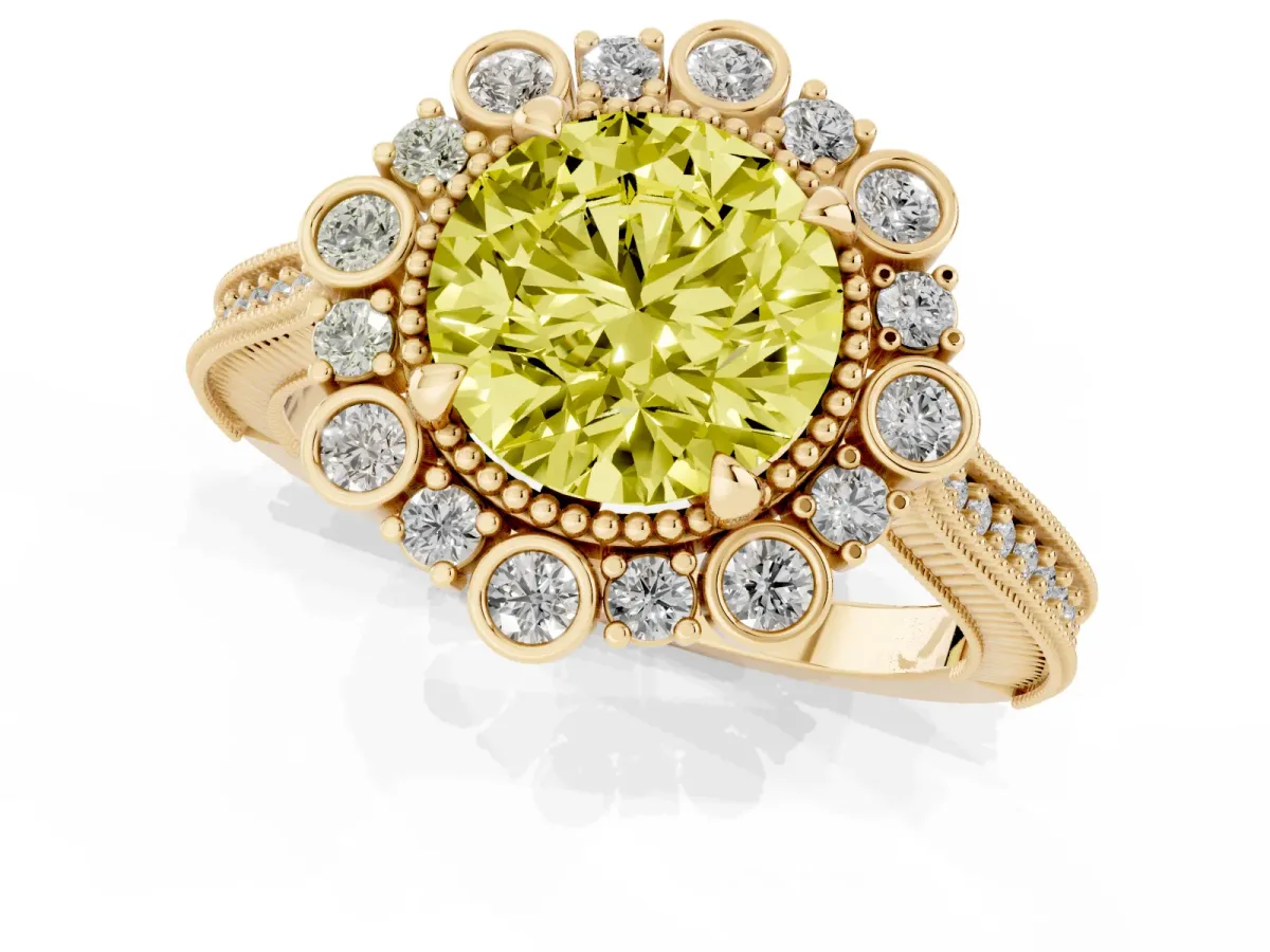 Fancy Yellow Round Cut Halo Milgrain Pave Diamond Ring with Four-Prong Setting Yellow gold