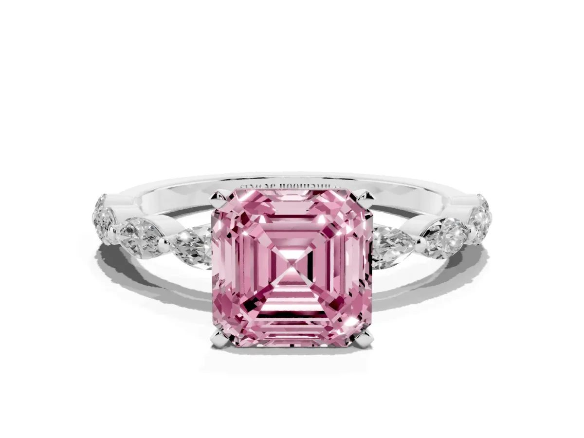Fancy Pink Asscher Cut Diamond Ring with Marquise Side Stones and Prong Setting Platinum