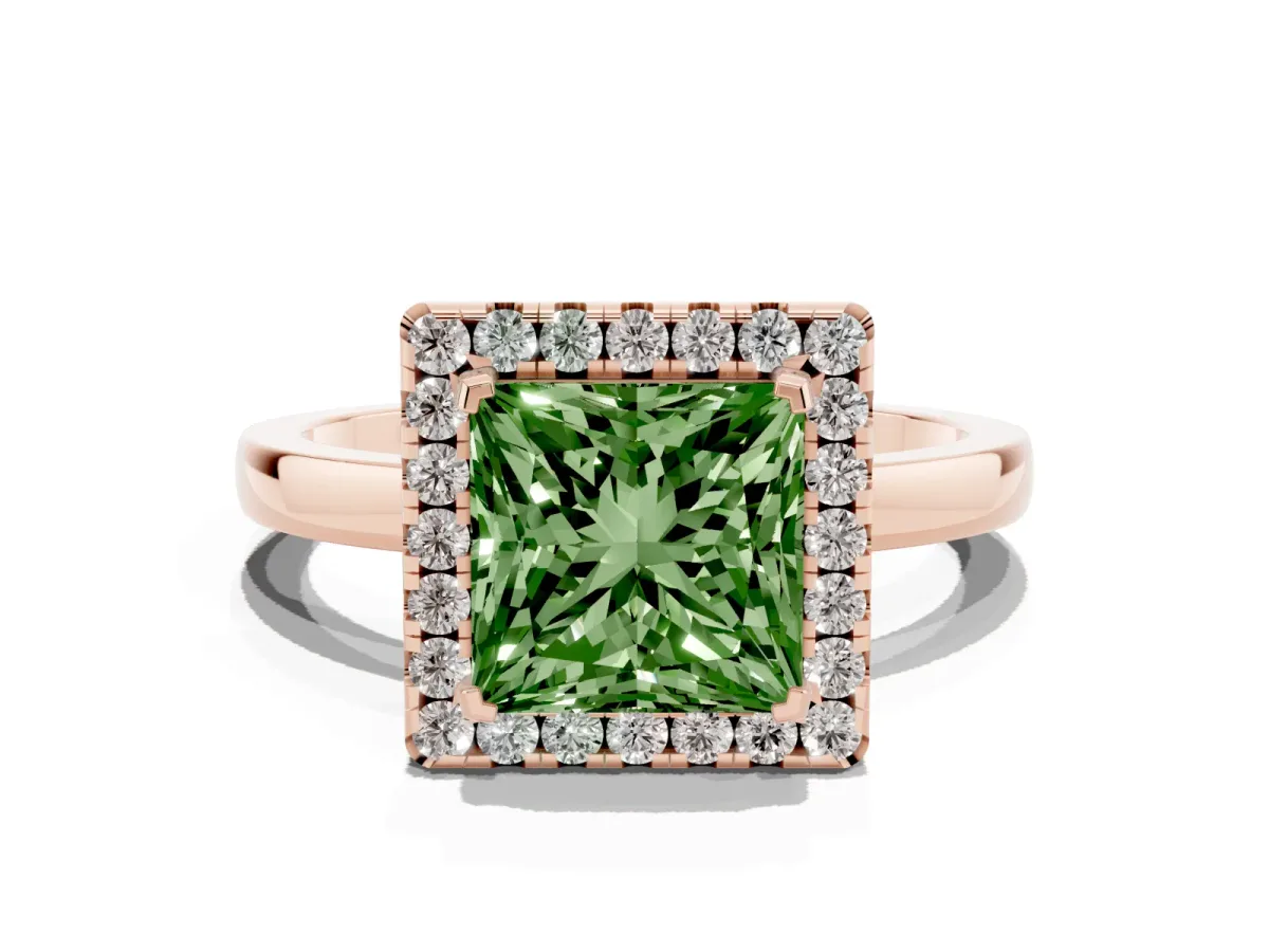Fancy Green Princess Cut Halo Diamond Solitaire with Pavé Band and Four-Prong Setting Rose gold