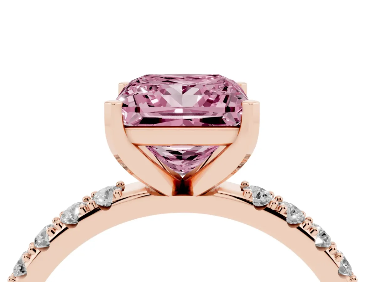 Fancy Pink Princess Cut Diamond Solitaire Pavé Band with Four-Prong Setting Rose gold