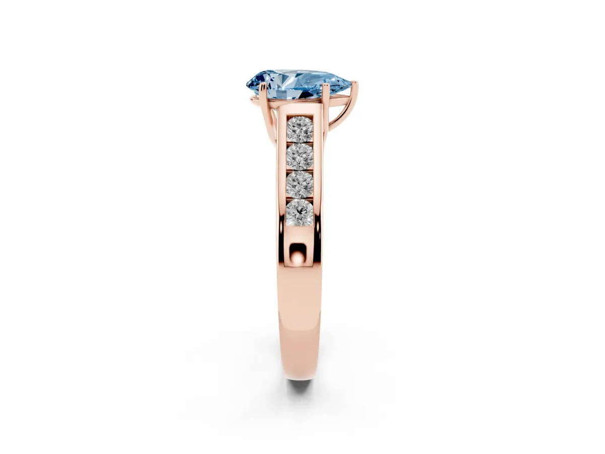 Fancy Blue Pear Cut Solitaire Channel-Set Diamond Engagement Ring with Four-Prong Setting Rose gold