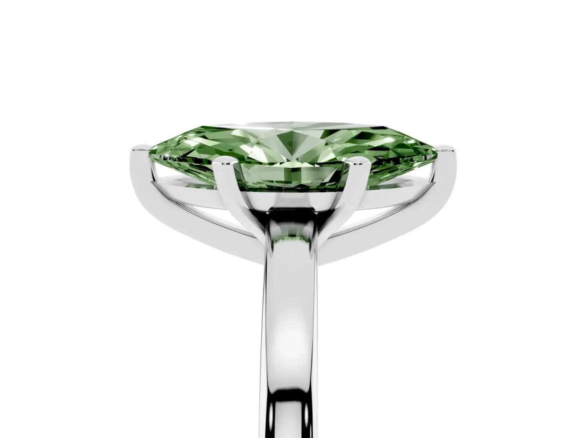 Fancy Green Marquise Cut Solitaire Diamond Engagement Ring with Four-Prong Setting on a Classic Band Silver