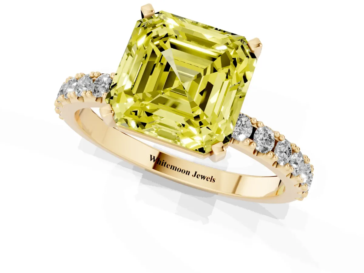 Fancy Yellow Asscher Cut Diamond Solitaire Pavé Band with Four-Prong Setting Yellow gold