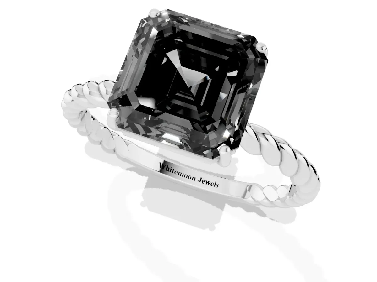 Fancy Black Asscher Cut Solitaire Twisted Band 4-Prong Ring Silver