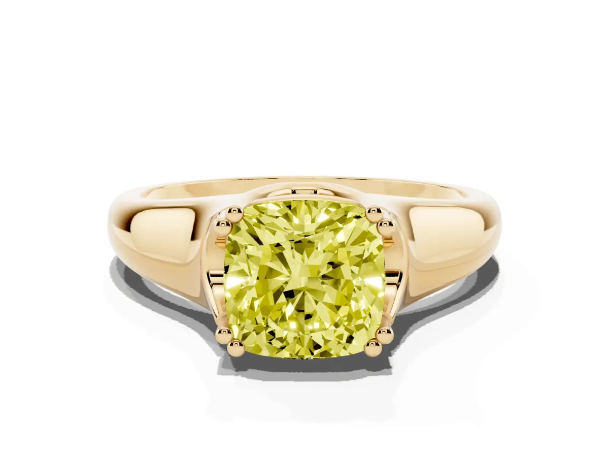 Fancy Yellow Cushion Cut Diamond Solitaire Ring with Wide Band and Prong Setting Yellow gold