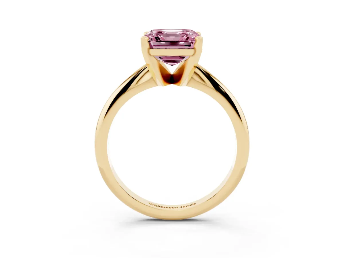 Fancy Pink Asscher Cut Cut Solitaire Ring with Four-Prong Setting on a Classic Band Yellow gold