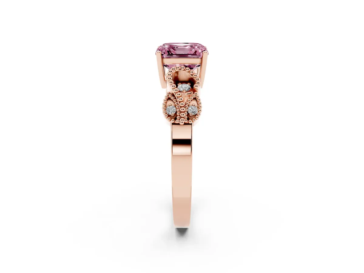 Fancy Pink Asscher Cut Solitaire Milgrain Leaf Band with Prong Setting Rose gold