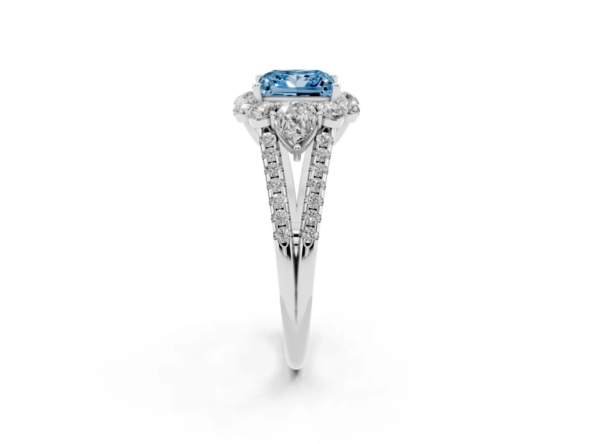 Fancy Blue Princess Cut Halo Split Shank Diamond Engagement Ring with Prong Setting Silver