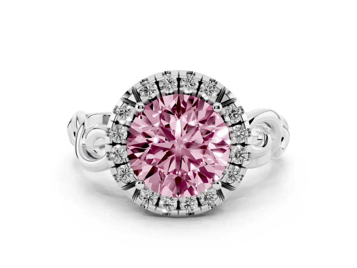 Fancy Pink Round Cut Cut Halo Diamond Ring with Scrollwork Band and Four-Prong Setting Silver