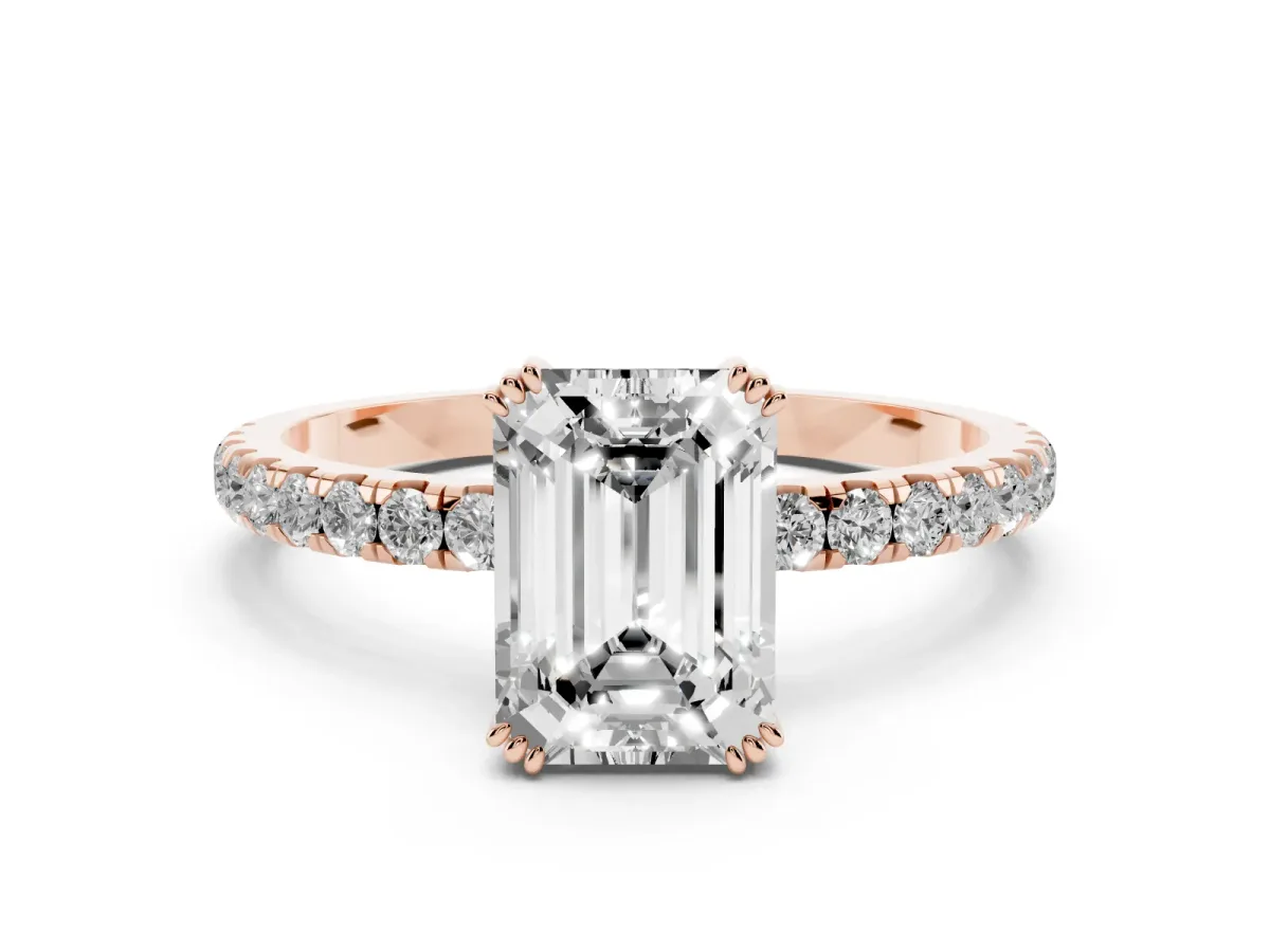 Emerald Cut Brilliant Solitaire with Pavé Band and Claw Prong Setting Rose gold