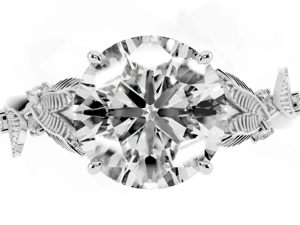 Round Cut Diamond Solitaire Ring with Leaf Motif Band and Four-Prong Setting Silver