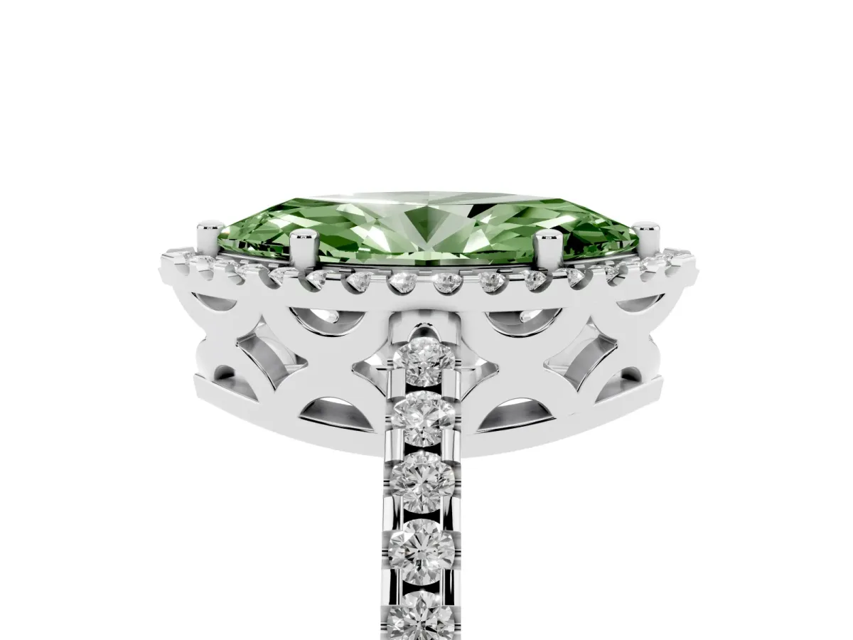 Fancy Green Marquise Cut Diamond Halo Engagement Ring with Pavé Band and Prong Setting Silver